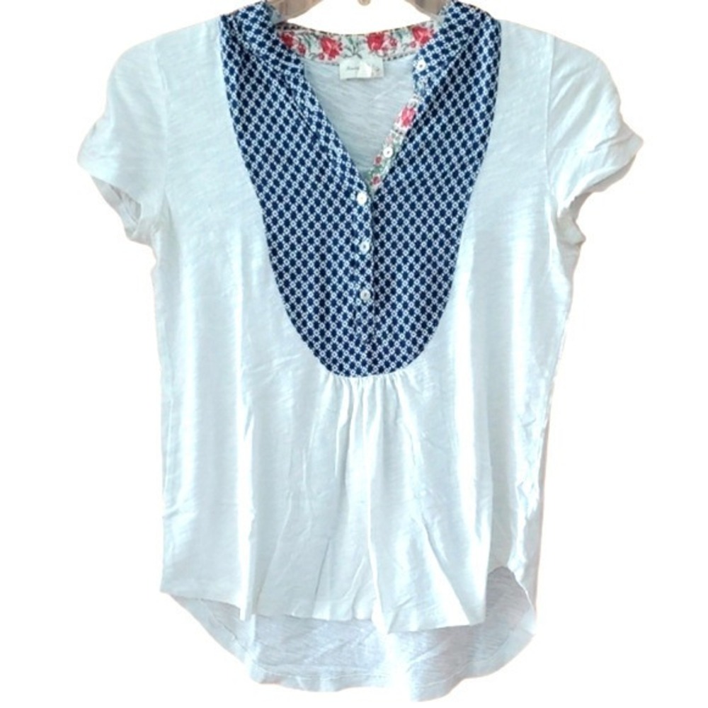 Meadow Rue Anthropologie White Short Sleeve Tee with Navy Patterned Bib Size XS